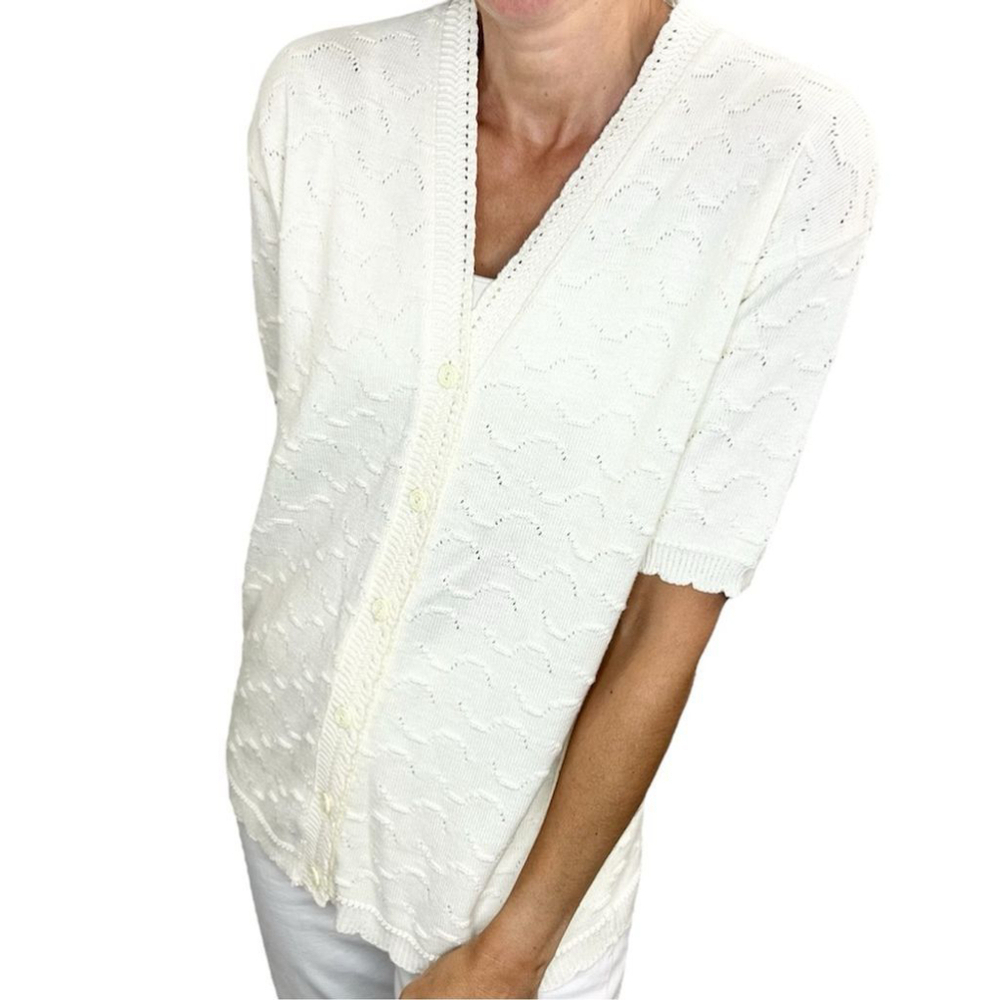 Vintage ivory short sleeve scallop button front cardigan sweater L